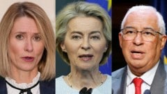 Estlands Ministerpräsidentin Kaja Kallas, EU-Kommissionspräsidentin Ursula von der Leyen und Protugals Ex-Premier António Costa  (Bild: APA/AFP)