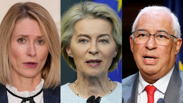 Kaja Kallas észt miniszterelnök, Ursula von der Leyen, az Európai Bizottság elnöke és António Costa, Portugália korábbi miniszterelnöke. (Bild: APA/AFP)