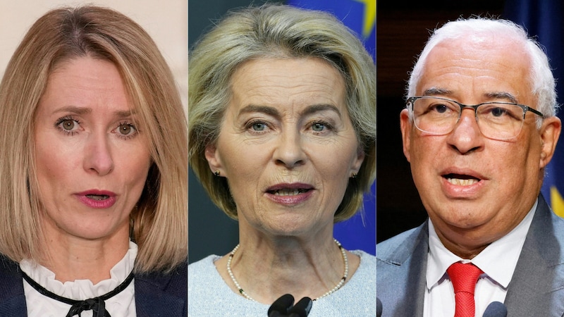 Kaja Kallas, Ursula von der Leyen és António Costa már fixen megvan az uniós csúcspozícióra. (Bild: APA/AFP)