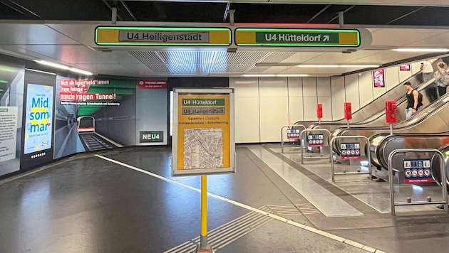 Tag 1 der Sperre. Die Bahnsteig am Schwedenplatz in Richtung Heiligenstadt bleibt die Ferien über verwaist. (Bild: Kathi Mötzl)
