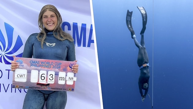 Christin Gerstorfer at her 63m CWT national record. (Bild: Krone KREATIV/zVg, below.the.wave by Laura Mommicchi)