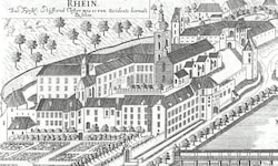 Auf dem Stich sieht man den alten symmetrischen Barockgarten samt Springbrunnen.