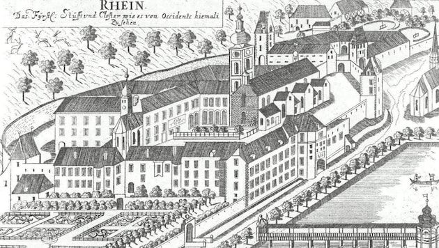 The engraving shows the old symmetrical baroque garden with its fountain. (Bild: Stift Rein)