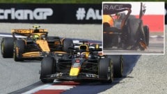 Im Kampf um den Sieg kollidierten Norris und Verstappen. Der McLaren-Pilot musste seinen Boliden mit einem Reifenschaden abstellen. Verstappen rettete seinen Wagen als Fünfter ins Ziel. (Bild: APA/ERWIN SCHERIAU, twitter.com)