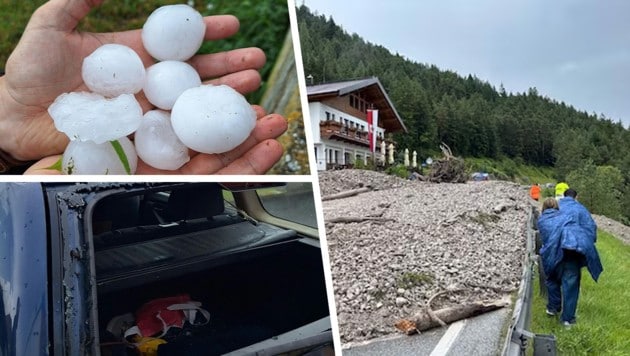 Riesige Hagelkörner, Muren, kaputte Autos: Kräftige Unwetter gingen am Sonntag über weite Teile Österreichs nieder. (Bild: Krone KREATIV/ZOOM.TIROL APA (2))