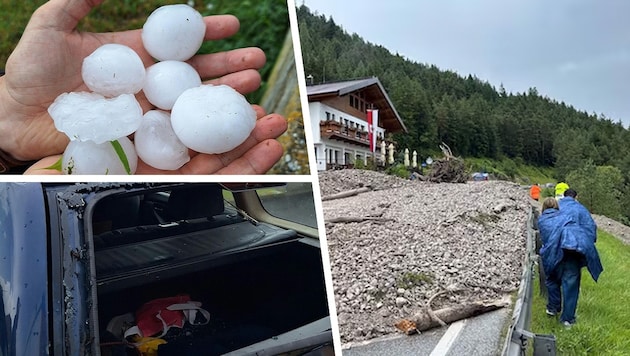 Büyük dolu taneleri, çamur kaymaları, parçalanmış arabalar: şiddetli fırtınalar Pazar günü Avusturya'nın büyük bölümünü vurdu. (Bild: Krone KREATIV/ZOOM.TIROL APA (2))