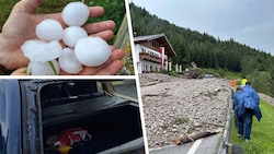Riesige Hagelkörner, Muren, kaputte Autos: Kräftige Unwetter gingen am Sonntag über weite Teile Österreichs nieder. (Bild: Krone KREATIV/ZOOM.TIROL APA (2))