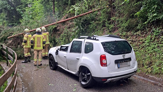 Ağaç doğrudan aracın tavanına düştü. 61 yaşındaki sürücü yaralandı. (Bild: ZOOM Tirol)