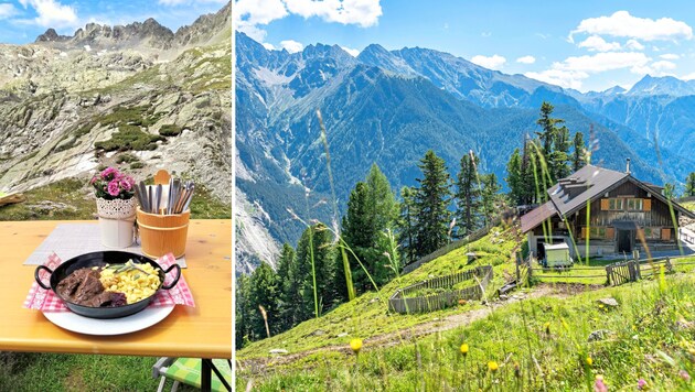 Ein regionales Wildgericht auf der Erlanger Hütte (links). Auf der Armelenhütte (rechts) landet Fleisch vom eigenen Bauernhof auf den Tellern. (Bild: Peter Freiberger, Ötztal Tourismus/Timm Humpfer)