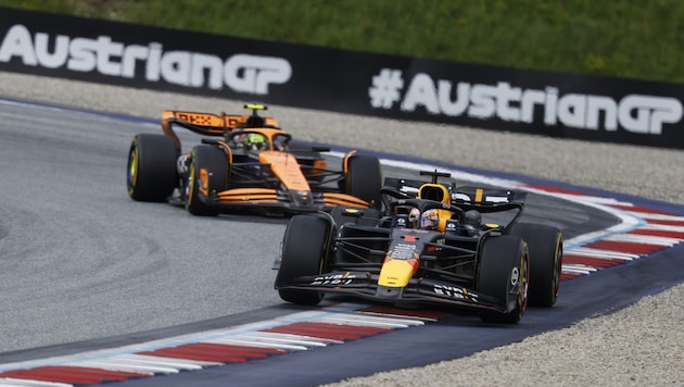 Lando Norris (left) and Max Verstappen knocked themselves out of the race. (Bild: APA/ERWIN SCHERIAU)