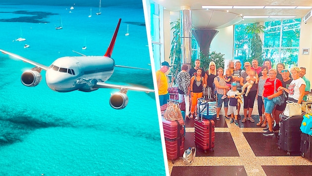 This is no way to relax on vacation - an airline breakdown has now thwarted the plans of numerous Austrians. (Bild: Krone KREATIV/zVg, den-belitsky, stock.adobe.com, Krone KREATIV)