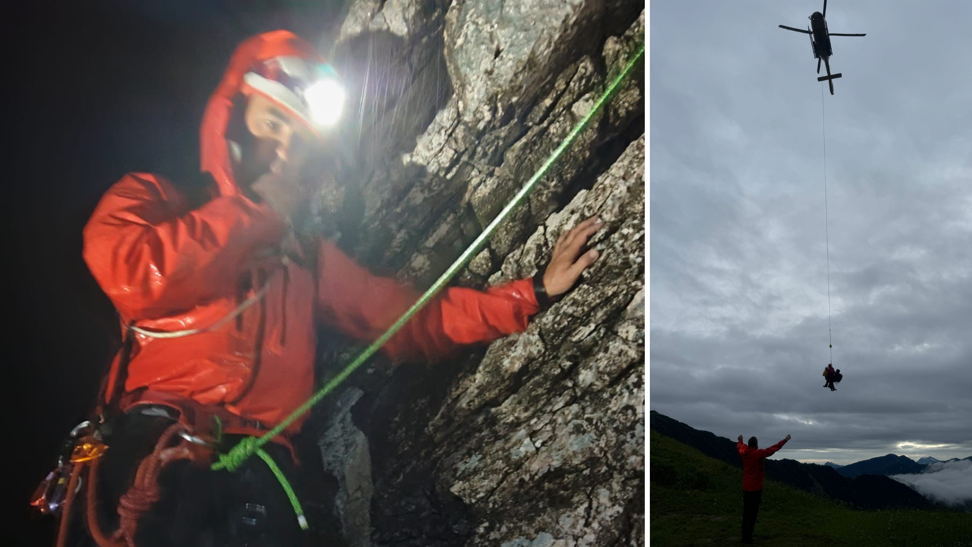 Mountain rescuers from St. Johann (left) climbed up to the Poles in the pouring rain during the night and then helped with the rescue by the emergency helicopter in the morning hours. (Bild: Bergrettung St. Johann)