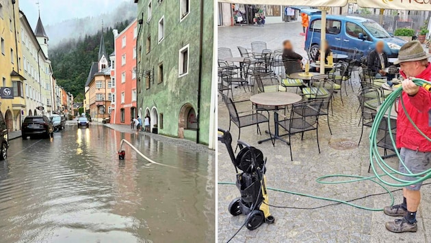 Blick in die Bienerstraße am Sonntagabend. Aufräumen vor der Konditorei Freudenschuss am nächsten Tag (rechts). (Bild: Bernhard Freiberger, Andreas Moser, Krone KREATIV)