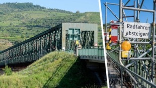 Die Donaubrücke Mautern ist für den Schwerverkehr bereits gesperrt. Für Radler ist sie (noch) passierbar. (Bild: Krone KREATIV/Attila Molnar)