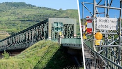 Die Donaubrücke Mautern ist für den Schwerverkehr bereits gesperrt. Für Radler ist sie (noch) passierbar. (Bild: Krone KREATIV/Attila Molnar)