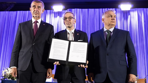 Herbert Kickl (FPÖ), Viktor Orban (re., Fidesz) und Andrej Babis (ANO) kündigten am Sonntag an, eine neue EU-Rechtsfraktion mit dem Namen „Patrioten für Europa“ zu gründen. (Bild: APA/TOBIAS STEINMAURER)
