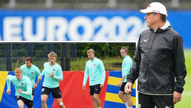 The final training session was a wet affair for team boss Rangnick and his players. (Bild: APA)