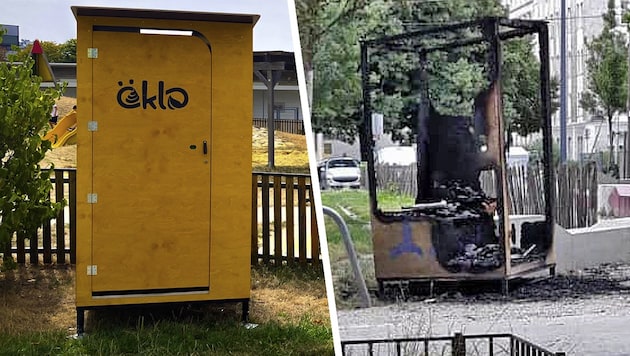 So soll ein mobiles Klo aussehen (Symbolbild links), so sieht hingegen das abgefackelte WC-Häuserl am Sachsenplatz aus.  (Bild: Krone KREATIV/Öklo zVg)