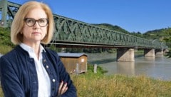Neos-Verkehrssprecherin Edith Kollermann fordert zur Instandsetzung der maroden Donaubrücke in Mautern nun Antworten vom Land Niederösterreich ein. (Bild: Krone KREATIV/Neos NÖ (Freisteller) Attila Molnar (Brücke))