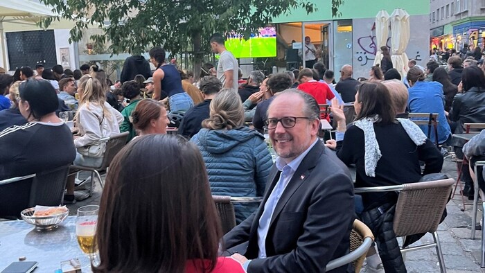 Foreign Minister Alexander Schallenberg at the public viewing at Yppenplatz in Vienna.