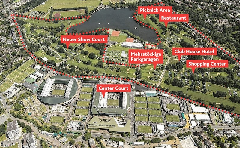 In Rot: Die geplante Erweiterung des Tennisclubs. (Bild: AELTC/KroneKreativ)