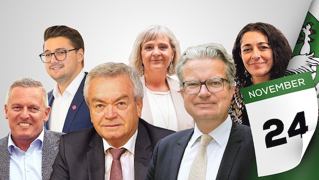 Am 24. November stellen sich die sechs steirischen Spitzenkandidaten der Wahl (von links): Mario Kunasek (FPÖ), Niko Swatek (NEOS), Anton Lang (SPÖ), Claudia Klimt-Weithaler (KPÖ), Christopher Drexler (ÖVP), Sandra Krautwaschl (Grüne). (Bild: Krone KREATIV/Christian Jauschowetz, KPÖ, LT-Stmk/Fischer)