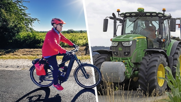 Auf schmalen Wegen ist nur Platz für einen: Radfahrer oder Traktorfahrer. In der Erntezeit  kann das haarig werden. (Bild: Krone KREATIV/Radfahrer: Hannes Wallner Traktor: Daniel Scharinger)