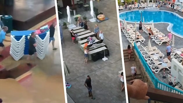 Hier stürmen die Massen in der Früh zum Pool, um sich eine Sonnenliege zu sichern. Die Königsklasse – mehrere Liegen stapeln und reservieren (ganz links). (Bild: Screenshot youtube.com, Krone KREATIV)