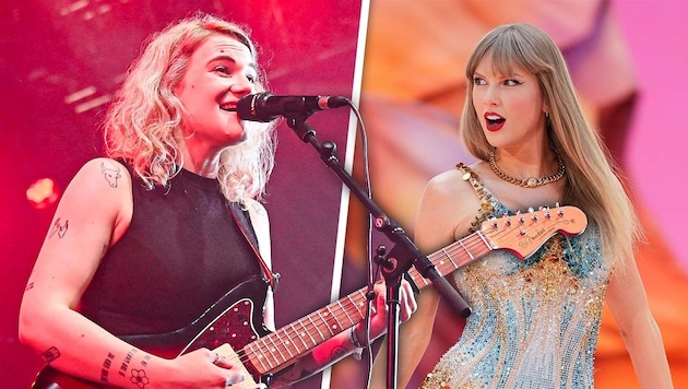 Taylor Swift (r.) war das große Vorbild von AVEC (l.), die heuer beim „Krone“-Fest in Linz auftritt. (Bild: Krone KREATIV/Markus Wenzel, AP)