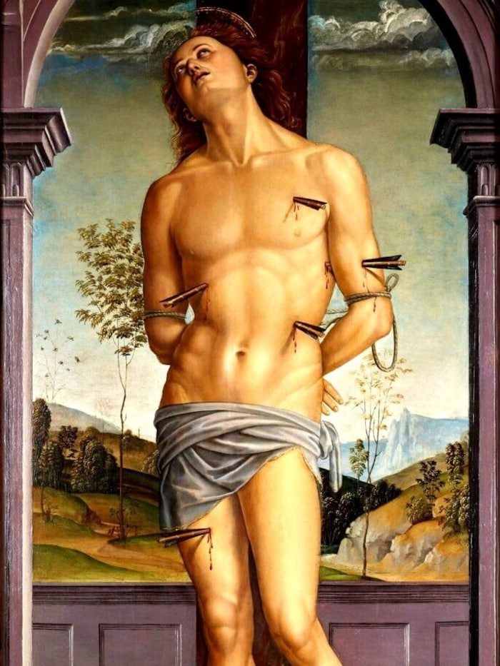 Der heilige Sebastian von Pietro Perugino – Ausschnitt. Dieses Gemälde ziert das Plakat für die heurige Ausstellung in Illegio.
