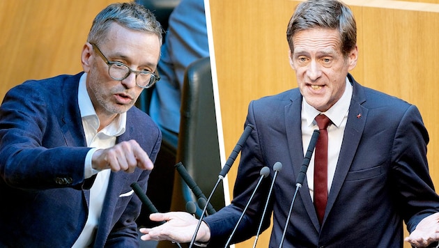 Jan Krainer (re.) gegen Herbert Kickl: Die SPÖ ruft wegen des FPÖ-Chefs den Unvereinbarkeitsausschuss an.  (Bild: Krone KREATIV/APA)