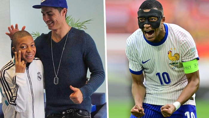 Mbappe einst mit dem jungen Ronaldo (l.) – und als Maskenmann vor dem Duell mit Portugal.