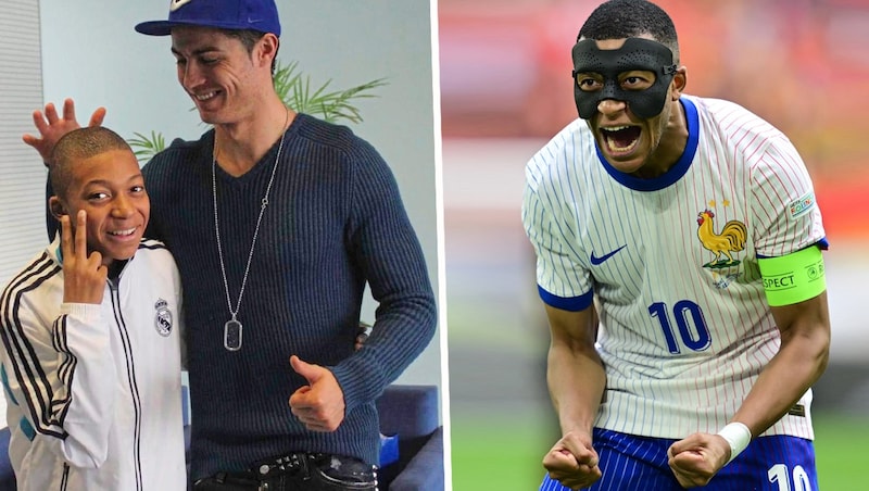 Mbappe einst mit dem jungen Ronaldo (l.) – und als Maskenmann vor dem Duell mit Portugal. (Bild: GEPA, l‘equipe)