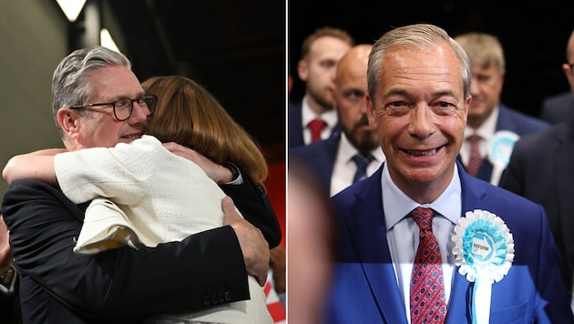 Labor leader Keir Starmer can celebrate, but right-wing populist Nigel Farage is also having a good laugh. (Bild: AFP)