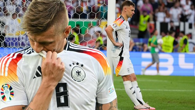 Huge disappointment for Toni Kroos (left) and Joshua Kimmich after the bitter European Championship exit (Bild: AP/Matthias Schrader, APA/AFP/Fabrice COFFRINI)