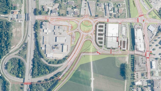 Anstelle des Kreisverkehrs wird die Autobahnanschlussstelle Hohenems in einen Großkreisel umgewandelt.  (Bild: Land Vorarlberg)