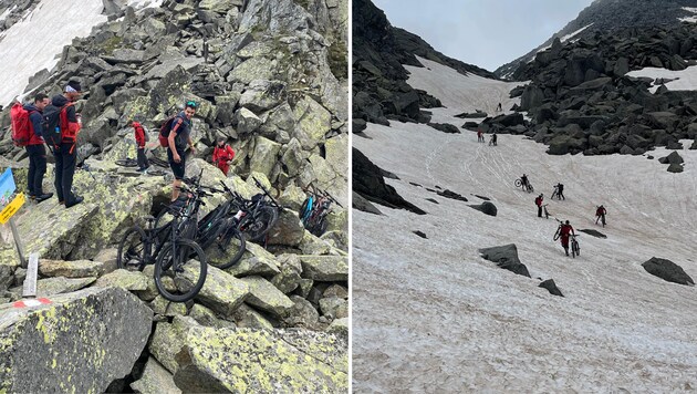 Tirol dağ kurtarma ekibinin Cumartesi günü alışılmadık bir görevi vardı: Jöchl'den vadiye bisiklet indirmek. (Bild: ZOOM Tirol)