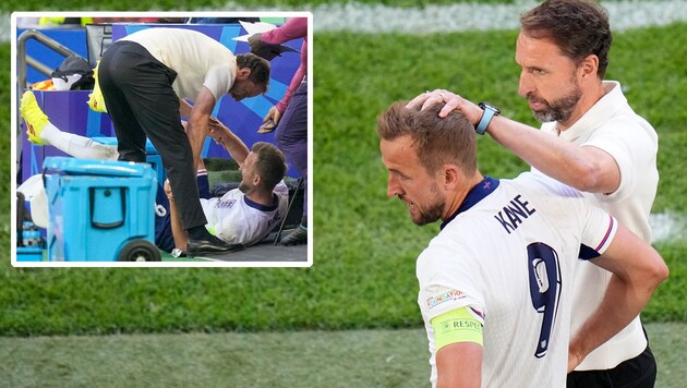 Harry Kane knallte gegen die Getränke-Box neben der Ersatzbank. (Bild: Copyright 2024 The Associated Press. All rights reserved)