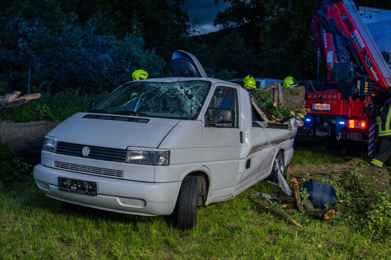 Am Festivalgelände stürzte ein Baum auf einen Kleinbus. (Bild: Werner Kerschbaummayr)