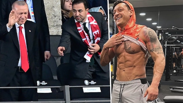 Presidents Recep Tayyip Erdogan (left) and Mesut Özil (right) cheering on Turkey together in the Olympic Stadium. (Bild: AFP/JOHN MACDOUGALL, instagram.com/m10_official)