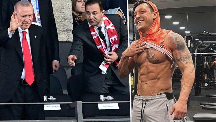 Presidents Recep Tayyip Erdogan (left) and Mesut Özil (right) cheered on Turkey together in the Olympic Stadium. 
