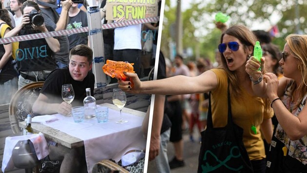 Angry Catalans tried to drive summer visitors out of restaurants with spray guns. (Bild: Krone KREATIV/Viennareport, APA/AFP/Josep LAGO)