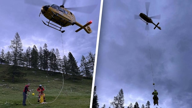 Eine heikle Bergung in der Dämmerung und bei sich näherndem Gewitter haben die Einsatzkräfte in der Dachstein Südwand hinter sich gebracht (Bild: Bergrettung Ramsau am Dachstein)