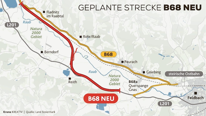 It is about the expansion from Fladnitz via Unterstorcha to Saaz. (Bild: Krone KREATIV)