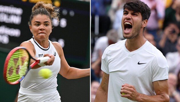 Carlos Alcaraz (re.) und Jasmine Paolini stehen im Wimbledon-Viertelfinale. (Bild: APA/AFP/ANDREJ ISAKOVIC, APA/HENRY NICHOLLS)