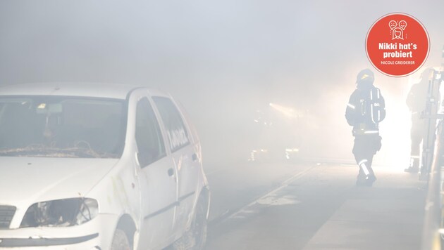 Visibility is still relatively good in this picture. When the tunnel is full of artificial smoke, it becomes difficult to even see your own hand in front of your eyes. (Bild: Birbaumer Johanna, Krone KREATIV)