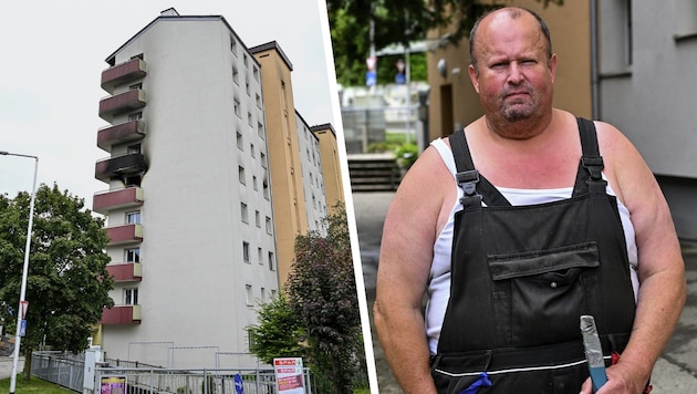 The shock is still deep-seated. Not much is left of the fourth floor of the apartment building at Anton-Hesch-Gasse 4 in Vöcklabruck. Janitor Josef Breitenfellner spoke to the "Krone" newspaper about the terrible hours. (Bild: Krone KREATIV/Dostal Harald )