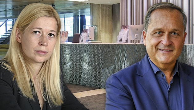 Brucknerhaus direktörü Dietmar Kerschbaum'un (sağda) yanı sıra, Kültürden Sorumlu Belediye Meclis Üyesi Doris Lang-Mayerhofer (ÖVP, solda) de yeni KPMG raporunda suçlanıyor. (Bild: Krone KREATIV/Horst Einöder Harald Dostal Markus Wenzel)