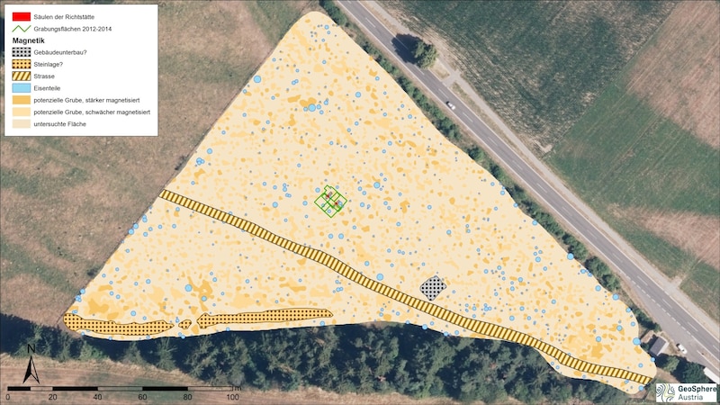 Die Auswertung der GeoSphere der Bodenmagnetik: die hellblauen Kreise sind Eisenteile (Bild: GeoSphere)