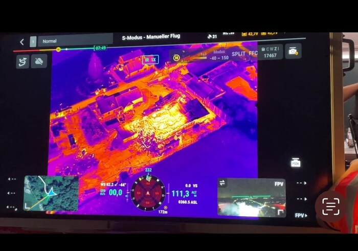 The fire was captured from the air by a thermal imaging drone.